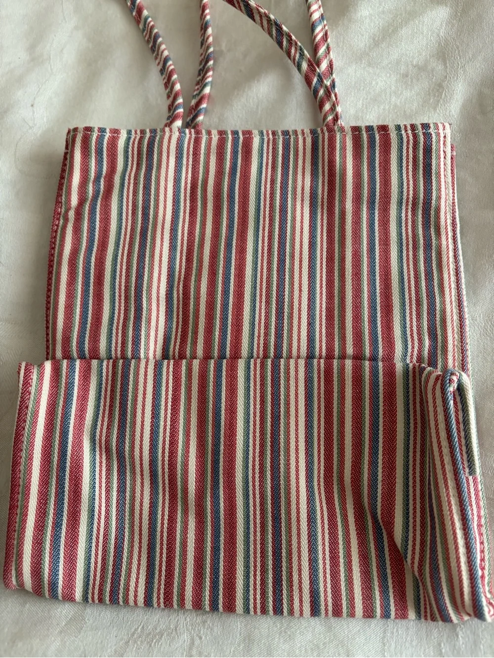 Longaberger Red, Blue & Cream Striped Canvas Tote with Embroidered Basket